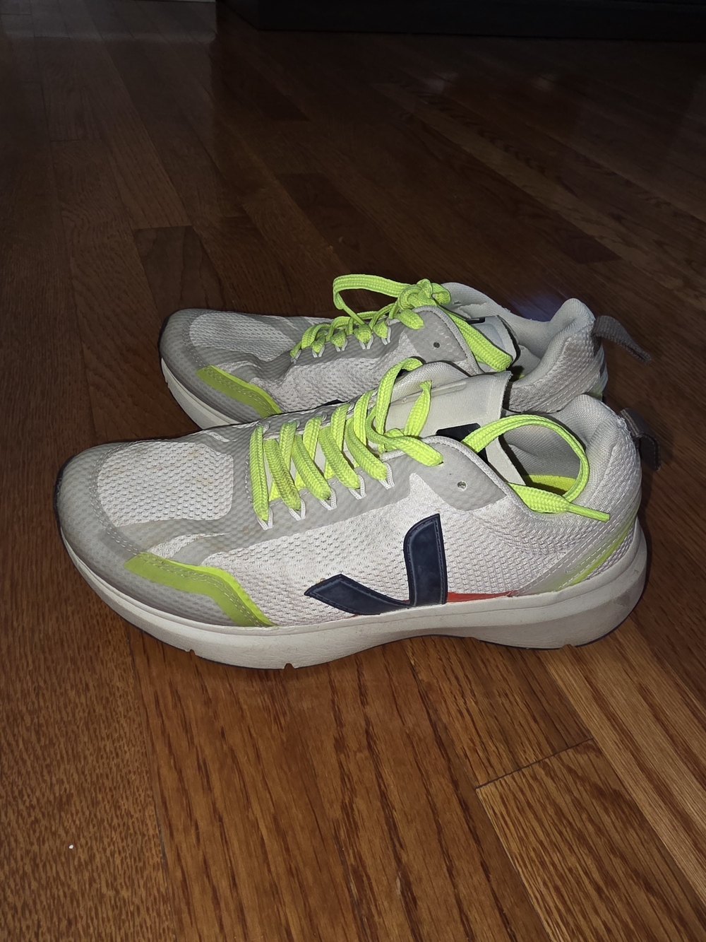 Veja White Sneakers with Neon Yellow and Navy Accents